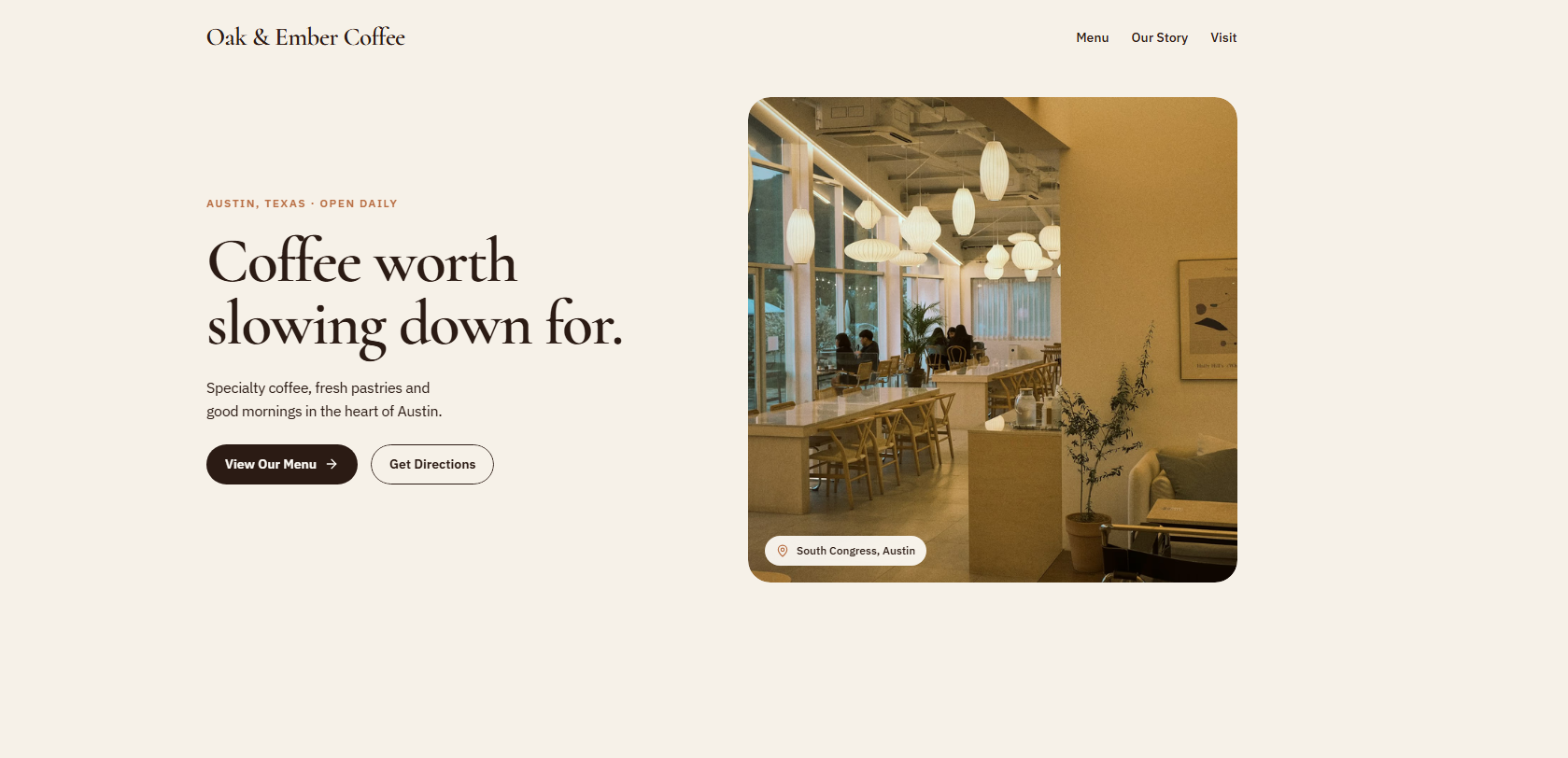 Oak & Ember Coffee website concept homepage designed by OVRIA Studio